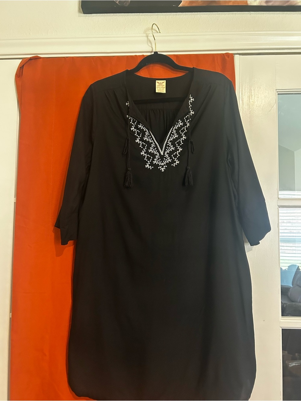 Faded Glory Black Tunic dress with White Embroidered V-Neck and Tassels